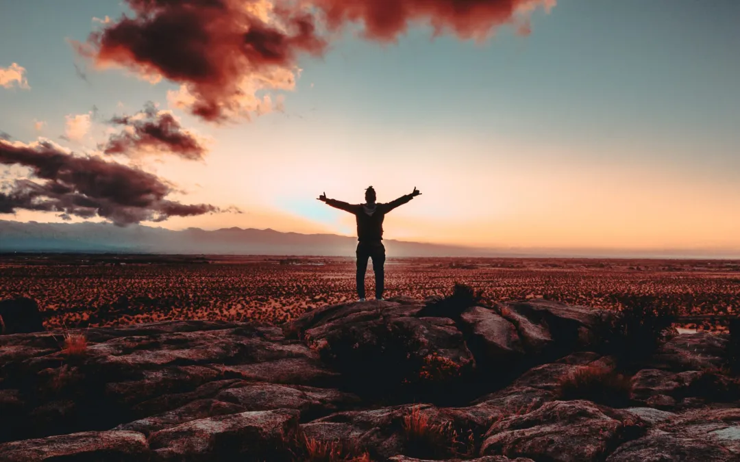 Homme levant les bras au lever du soleil, symbolisant la réflexion sur la motivation et le recul